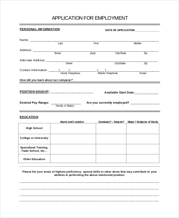 printable blank employment application word