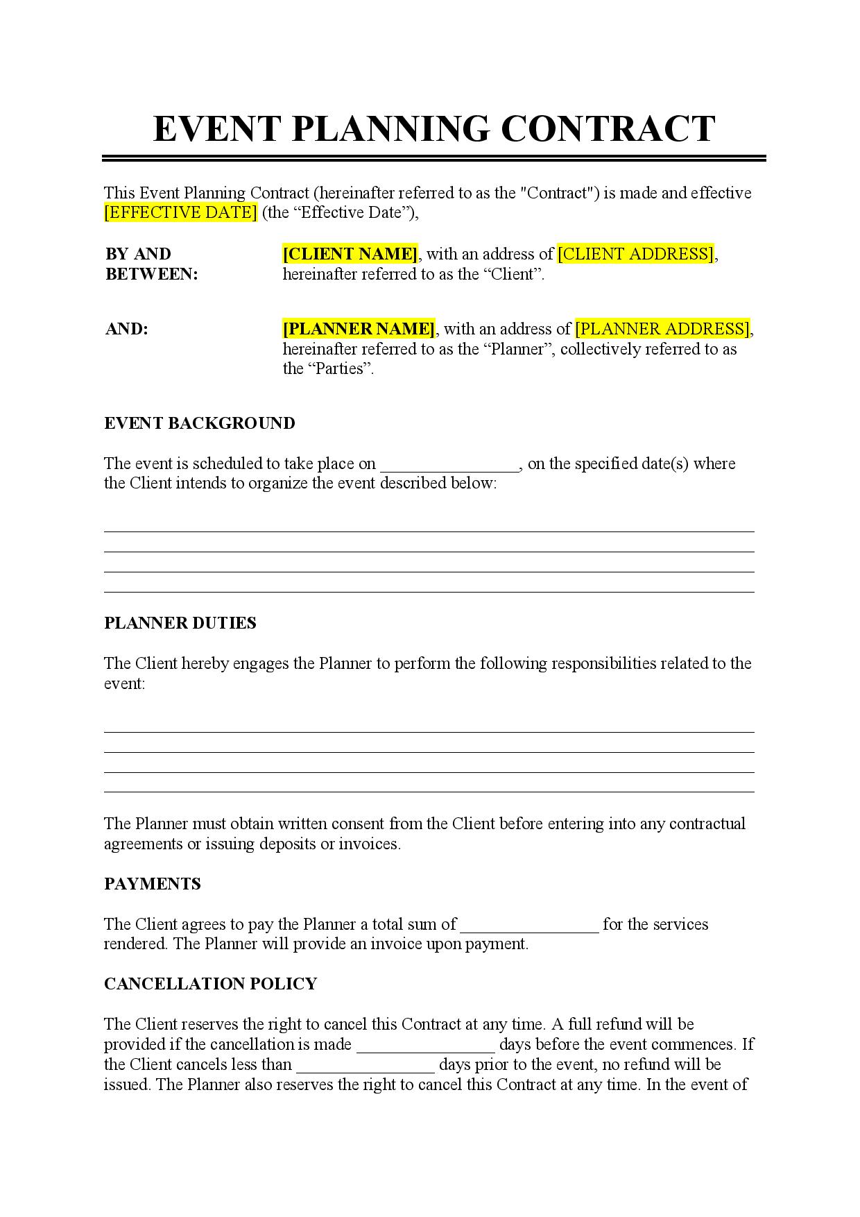 printable event planner contract template