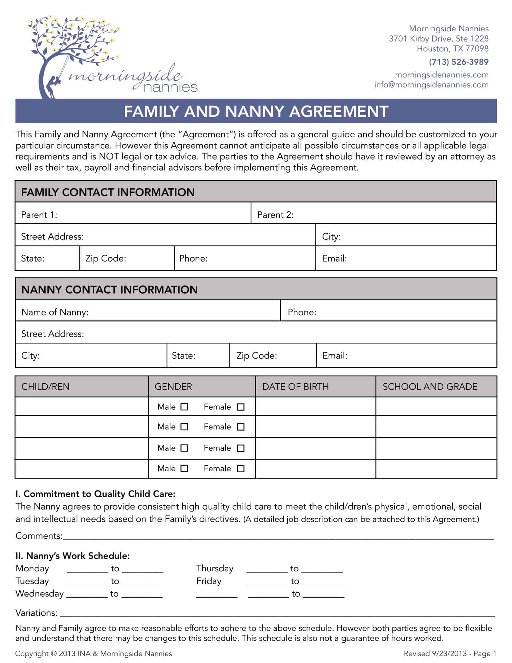 printable nanny contract template printable nanny contract template