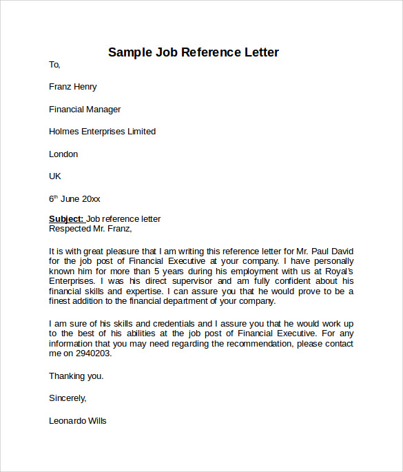 sample of job reference letter
