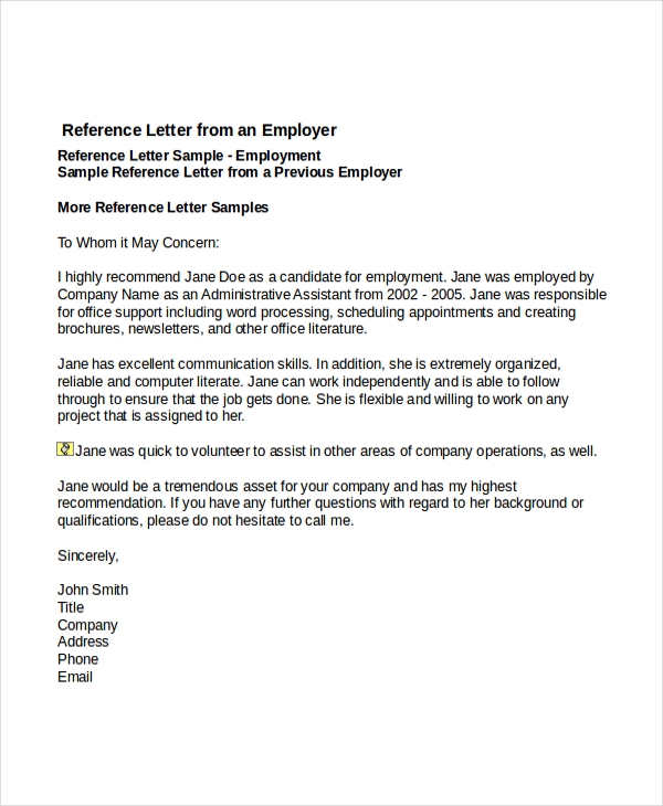 sample of reference letter for job