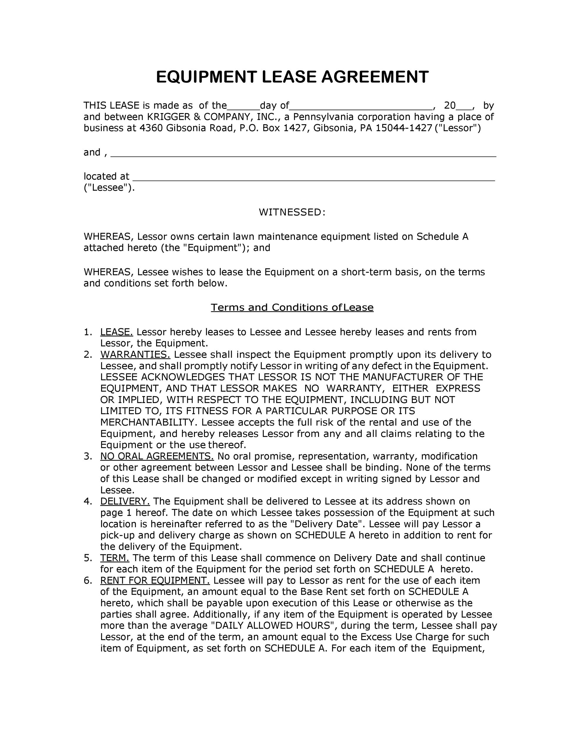 simple equipment lease agreement simple equipment lease agreement