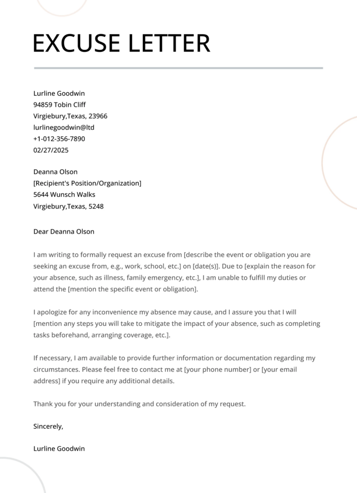 simple excuse letter format